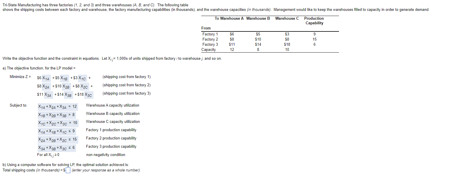 Tri-State Manufacturing has three factories (1, 2