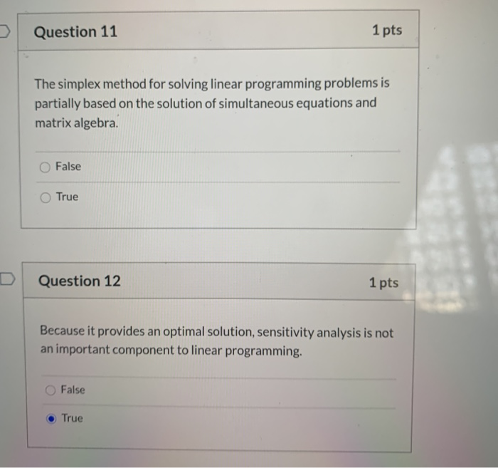 Question 11 1 pts The simplex method for solving