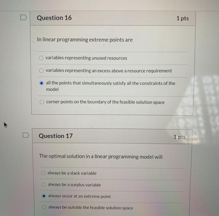 Question 11 1 pts The simplex method for solving