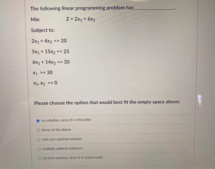 The following linear programming problem has Min
