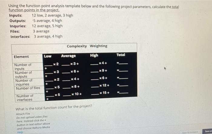 Using the function point analysis template below