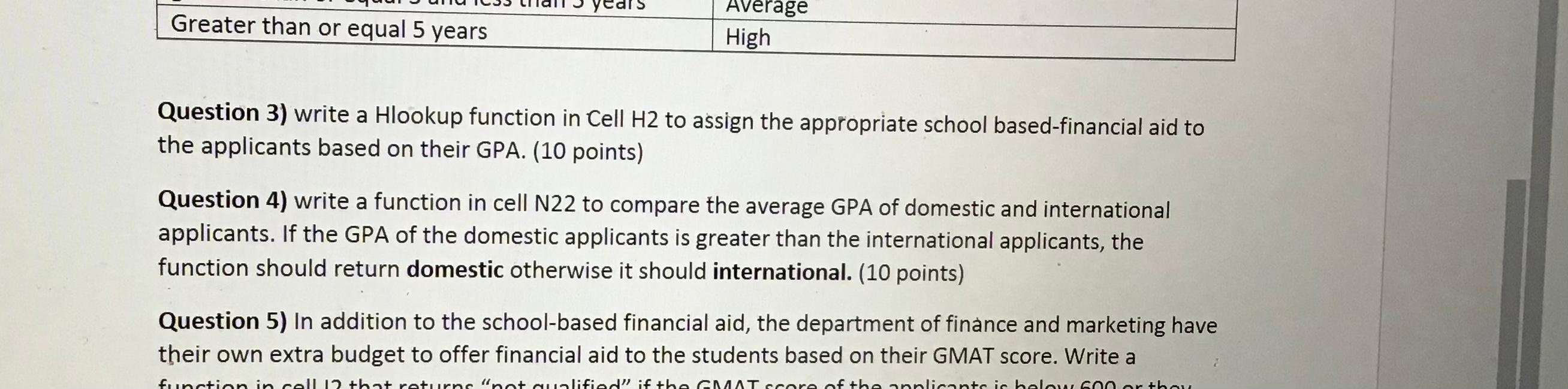Question 3 only: Question 3) write a Hlookup