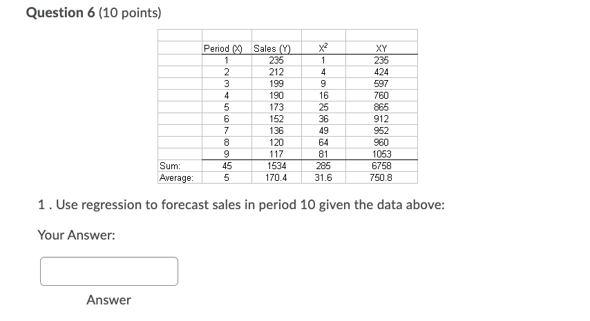 Question 6 (10 points) Period () Sales (Y) 1 235