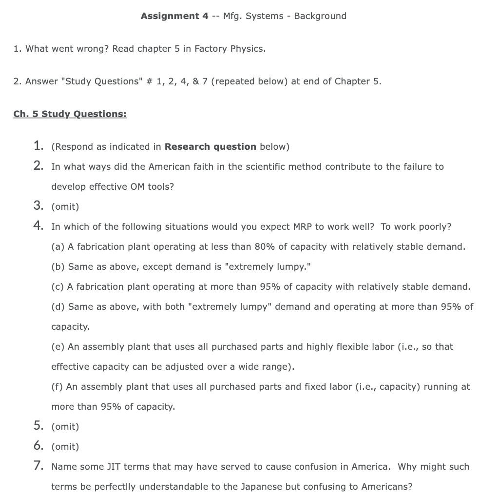 Assignment 4 -- Mfg. Systems - Background 1. What
