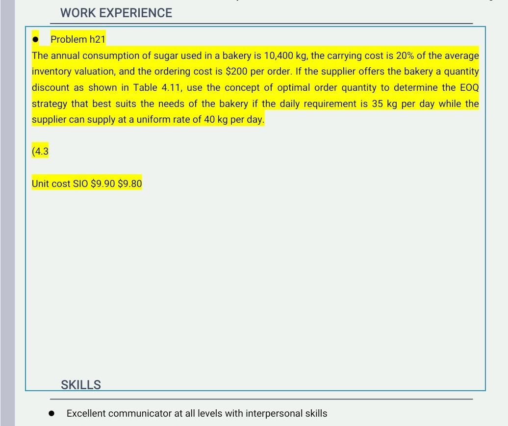 . WORK EXPERIENCE Problem h21 The annual