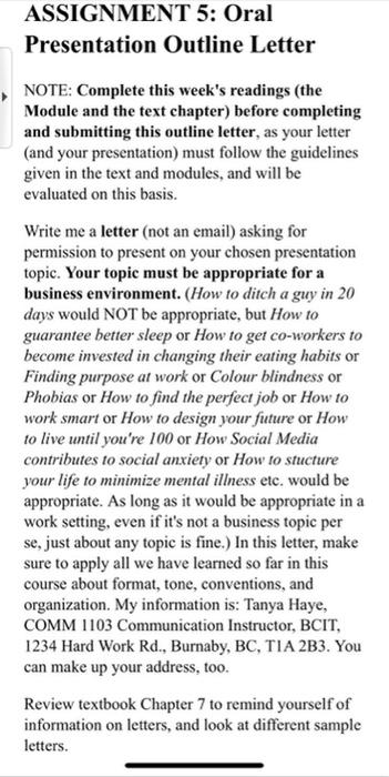 ASSIGNMENT 5: Oral Presentation Outline Letter