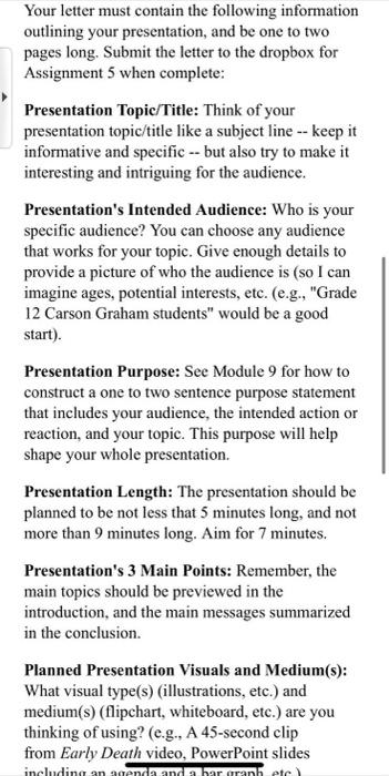 ASSIGNMENT 5: Oral Presentation Outline Letter