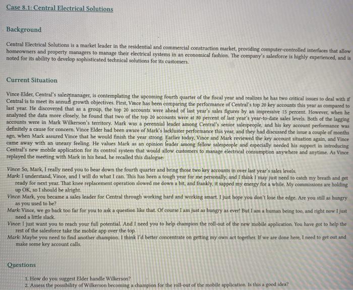 Case 8.1: Central Electrical Solutions Background