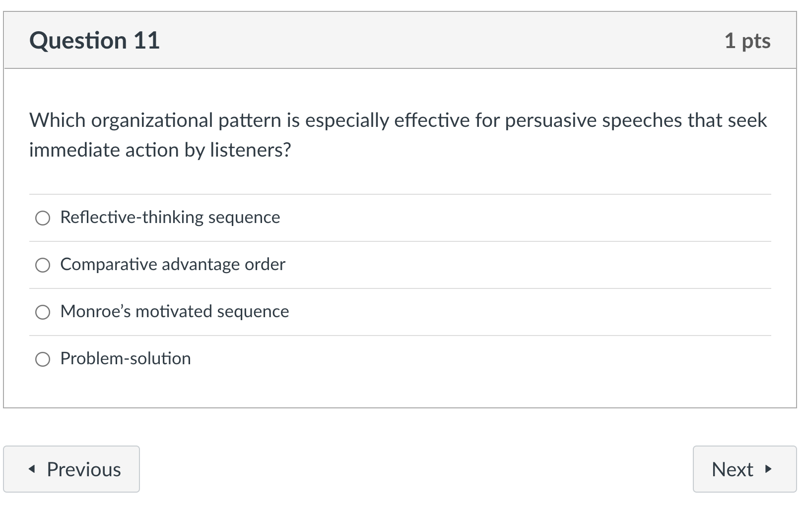 Question 11 1 pts Which organizational pattern is