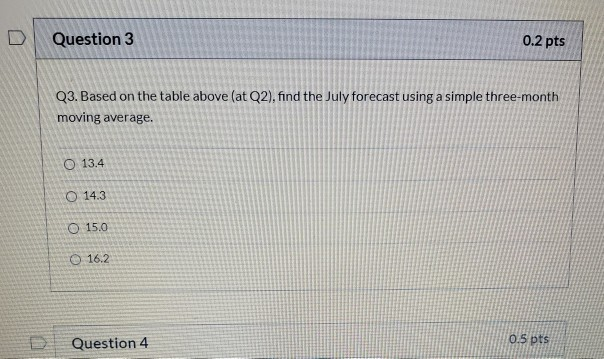Question 2 0.3 pts Refer to the table below