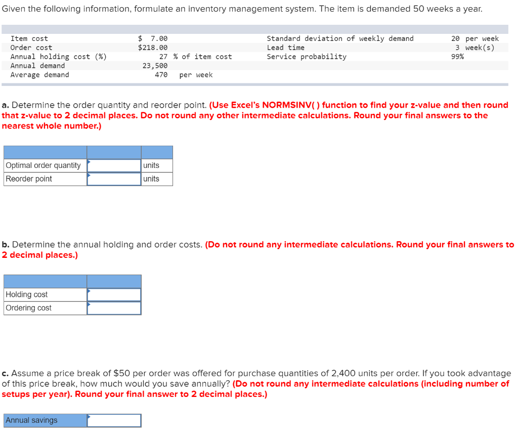 Given the following information, formulate an
