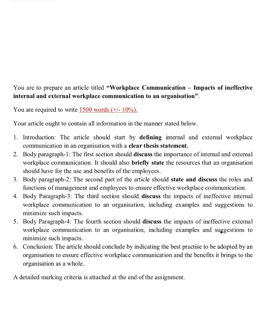 You are to prepare an article titled Workplace