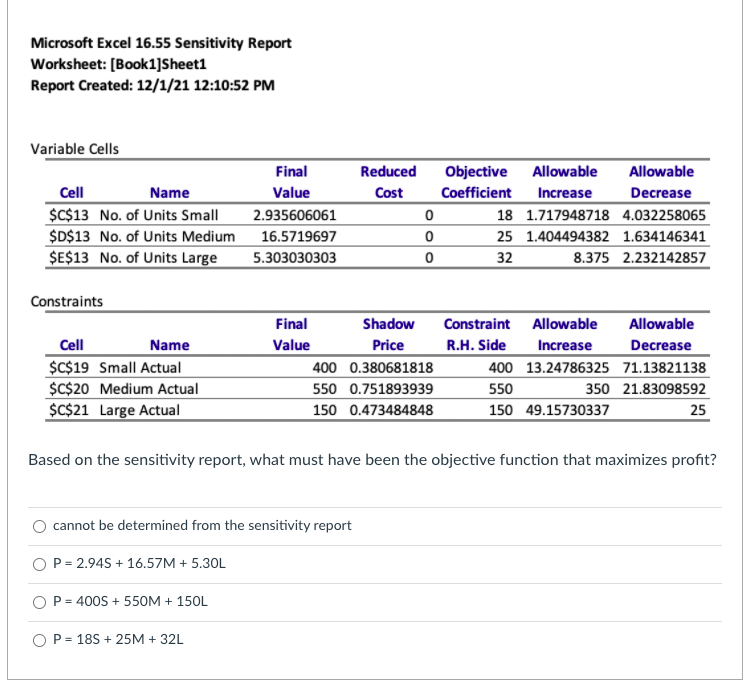 Microsoft Excel 16.55 Sensitivity Report