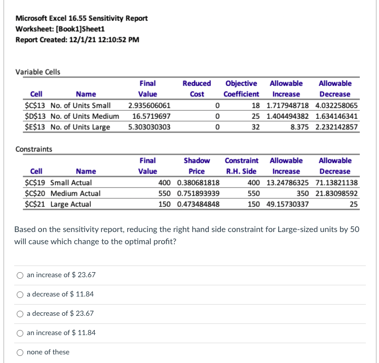 Microsoft Excel 16.55 Sensitivity Report