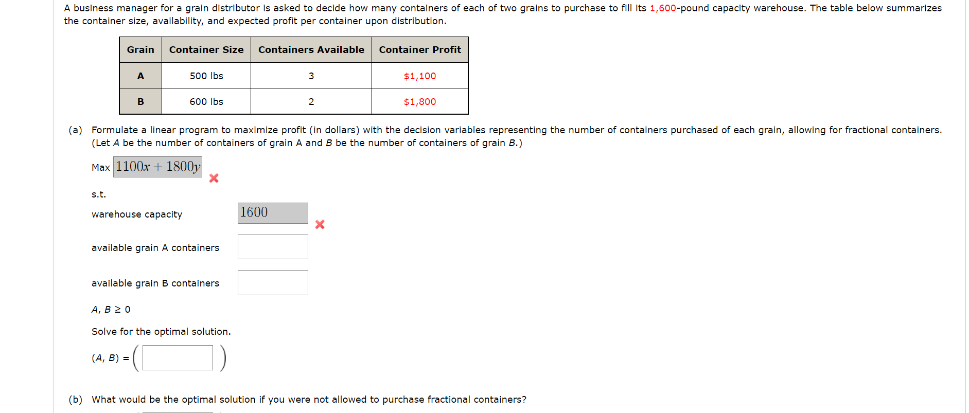 the container size, availability, and expected