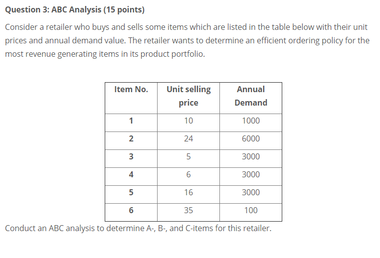 Question 3: ABC Analysis (15 points) Consider a