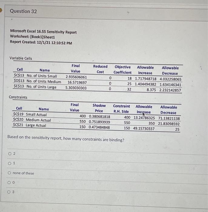 Question 32 Microsoft Excel 16.55 Sensitivity