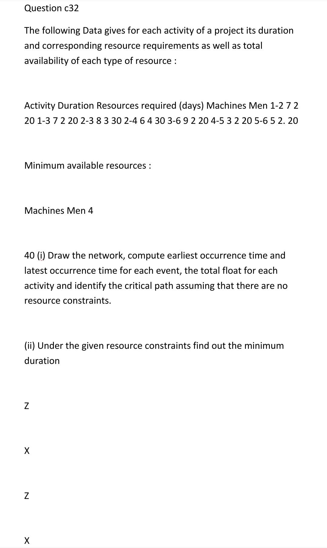 . Question c32 The following Data gives for each