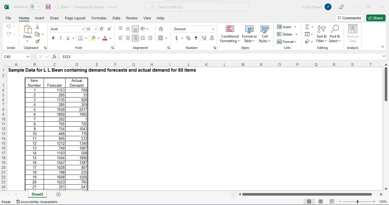 The Excel file, LLBean.xls (download from the
