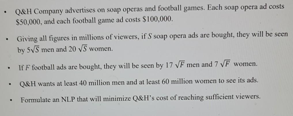 formulate an NLP solve it using excel solver Q&H