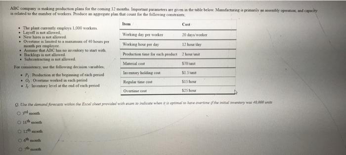 ABC company is making production plans for the