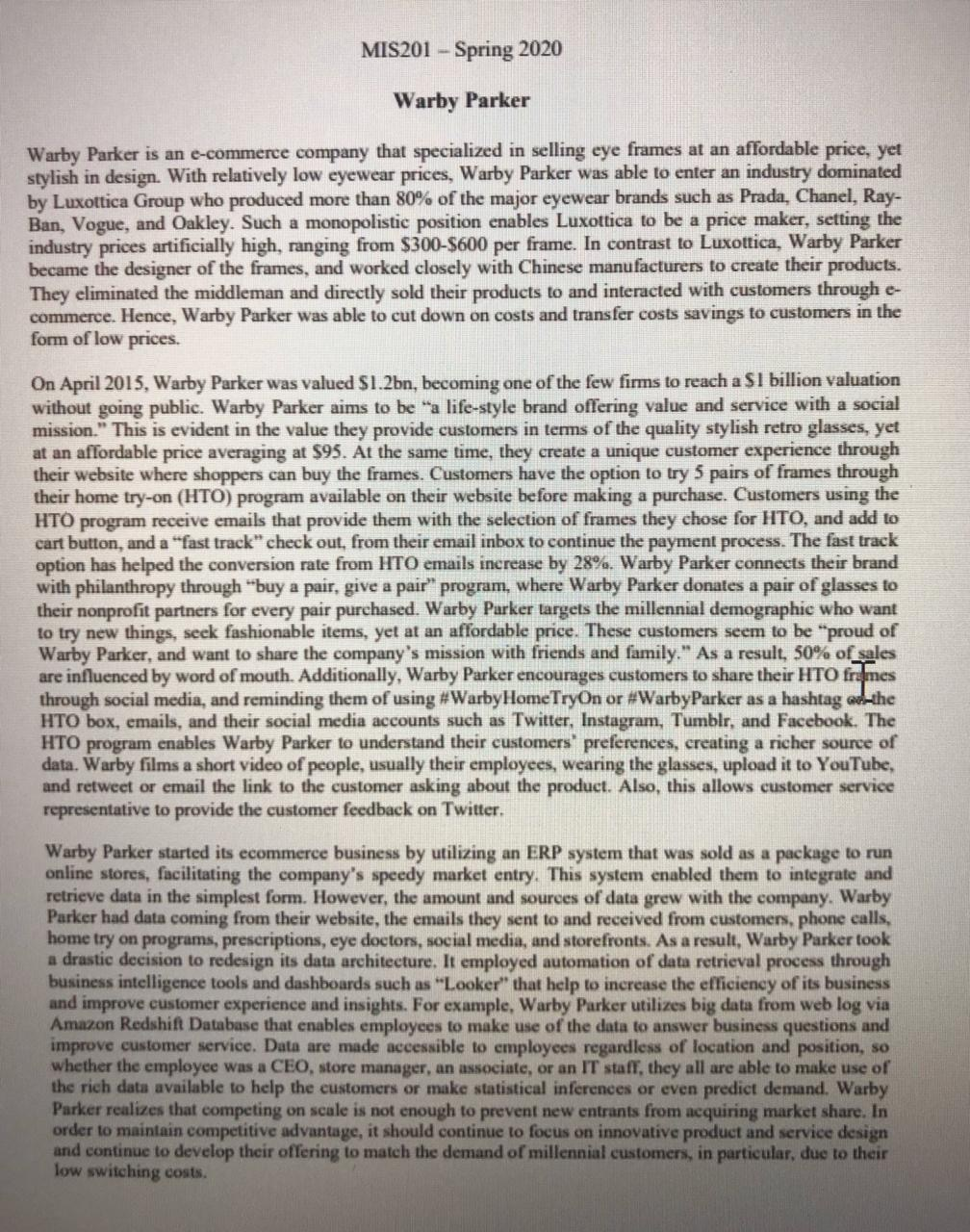 MIS201 - Spring 2020 Warby Parker Warby Parker is