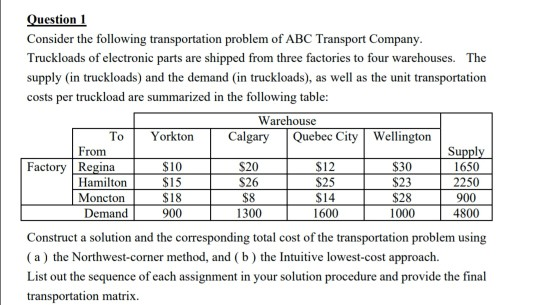 Question 1 Consider the following transportation