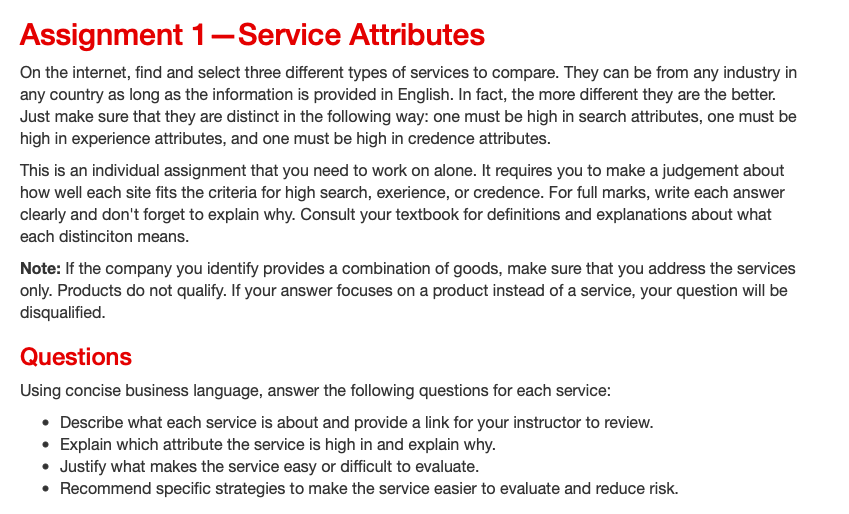 Assignment 1-Service Attributes On the internet,