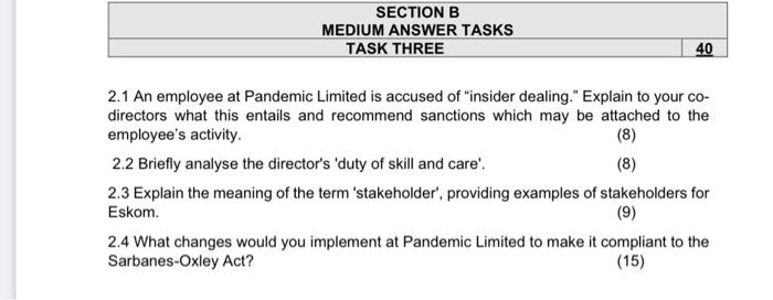 SECTION B MEDIUM ANSWER TASKS TASK THREE 40 2.1
