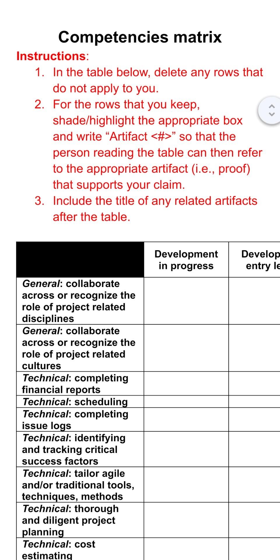 Competencies matrix Instructions: 1. In the table