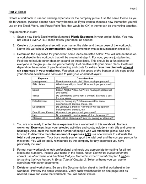 Page 2 Part 2: Excel Create a workbook to use for