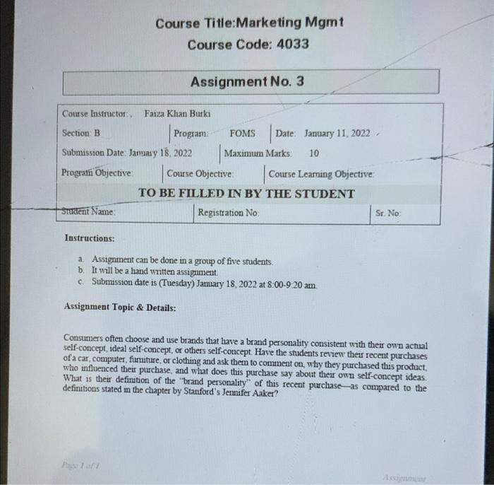 Course Title:Marketing Mgmt Course Code: 4033