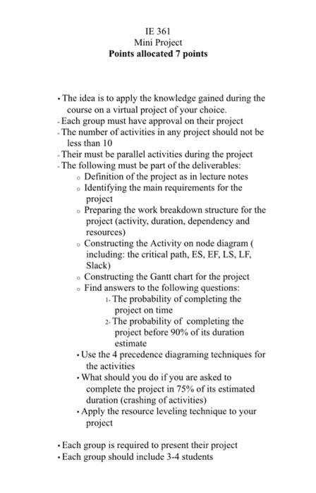 IE 361 Mini Project Points allocated 7 points
