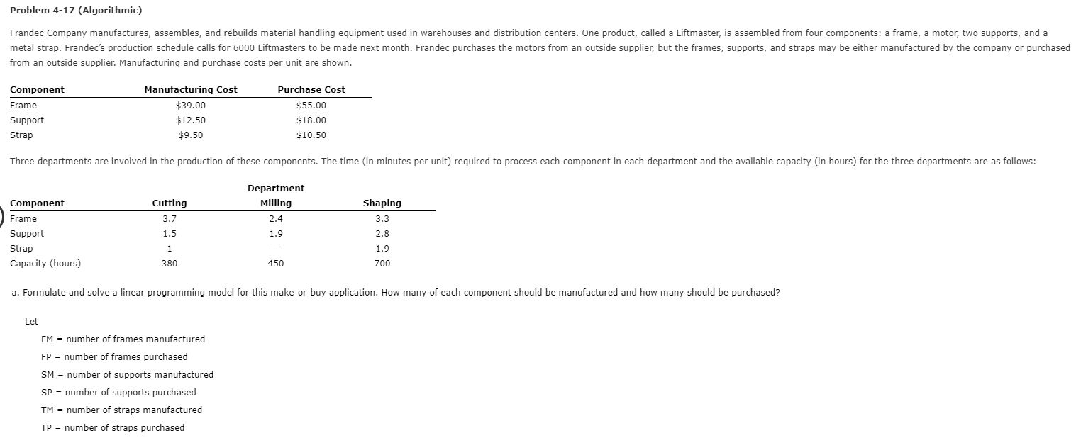 Problem 4-17 (Algorithmic) Frandec Company
