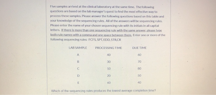 Five samples arrived at the clinical laboratory