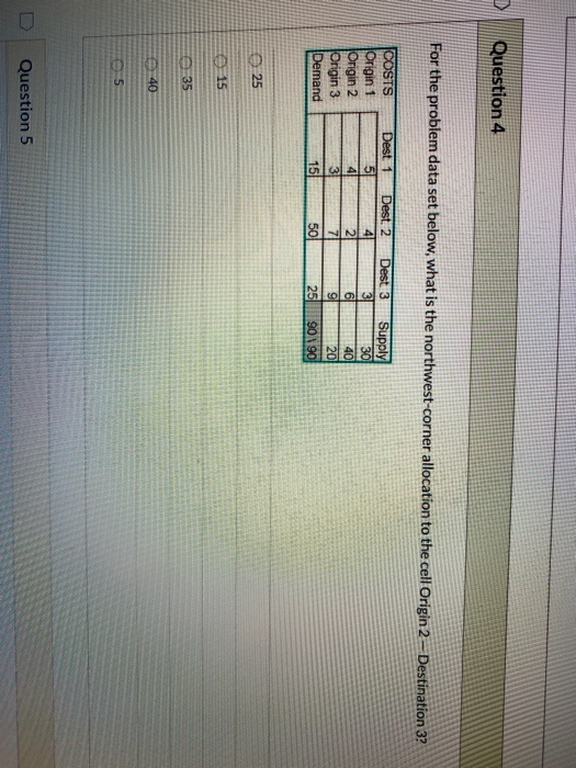 Question 4 For the problem data set below, what