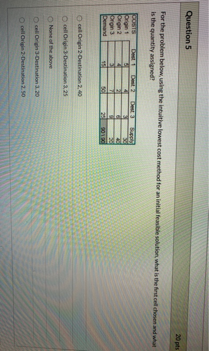 Question 5 20 pts For the problem below, using