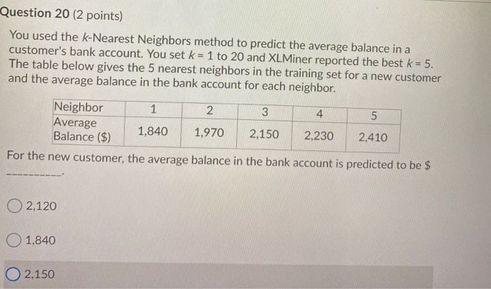 Question 20 (2 points) You used the k-Nearest