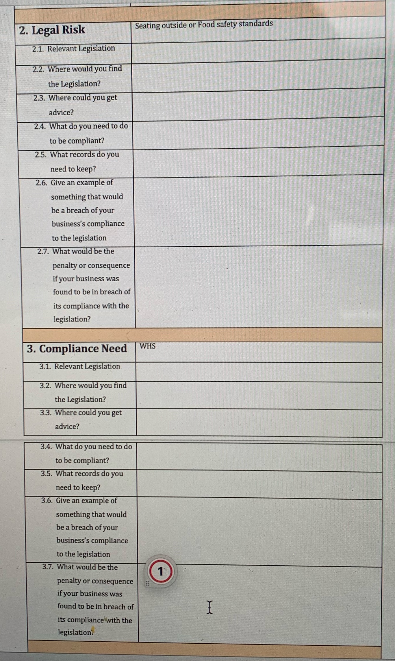 2. Legal Risk Seating outside or Food safety