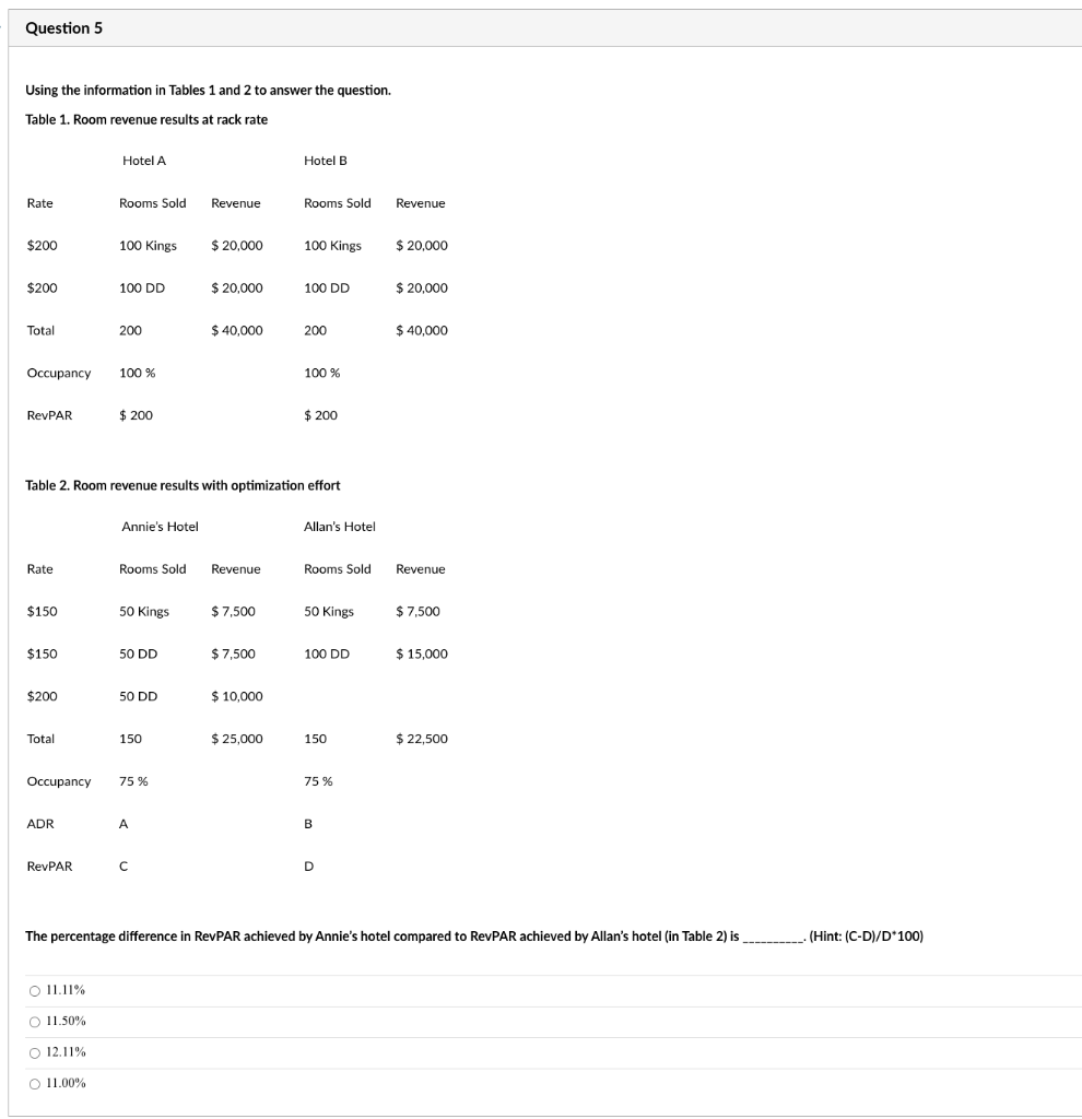 Question 5 Using the information in Tables 1 and