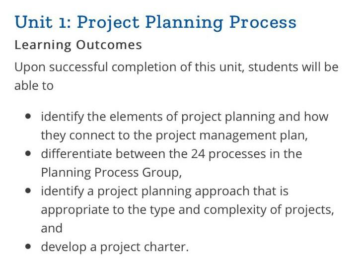 Unit 1: Project Planning Process Learning