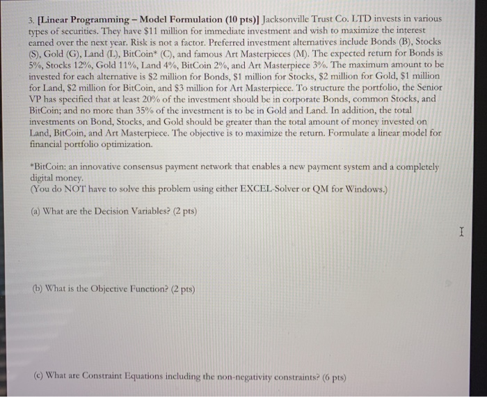 3. [Linear Programming - Model Formulation (10