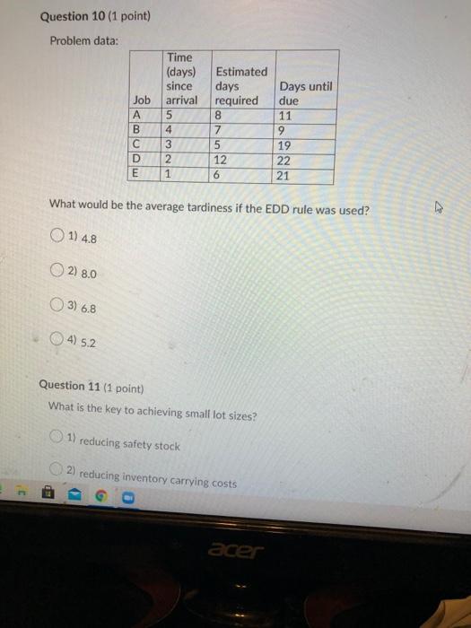 Question 10 (1 point) Problem data: Days until