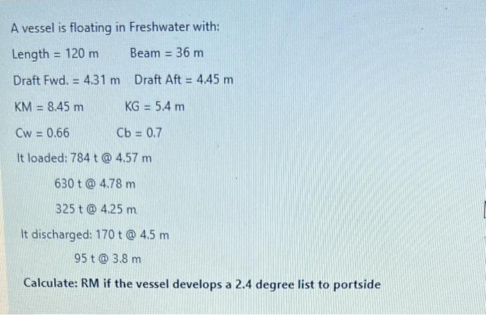 A vessel is floating in Freshwater with: Length =