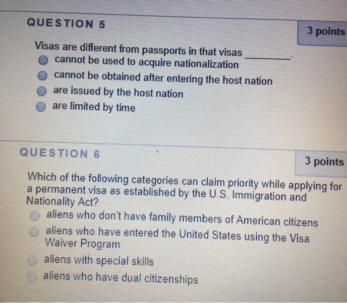 QUESTION 5 3 points Visas are different from