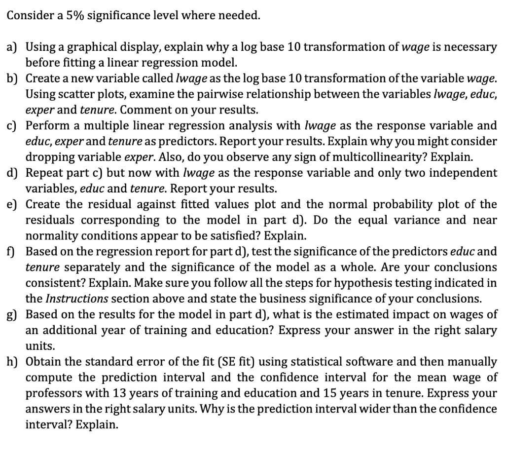 PLEASE ANSWER F,G,H ONLY obs wage educ exper