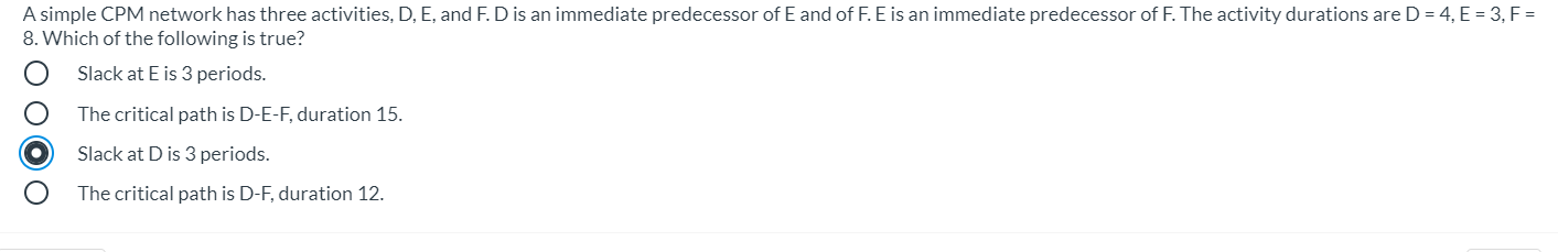 A simple CPM network has three activities, D, E,