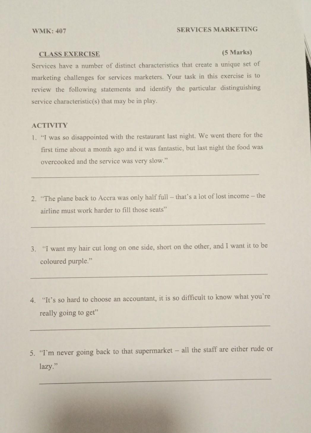 WMK: 407 SERVICES MARKETING CLASS EXERCISE (5
