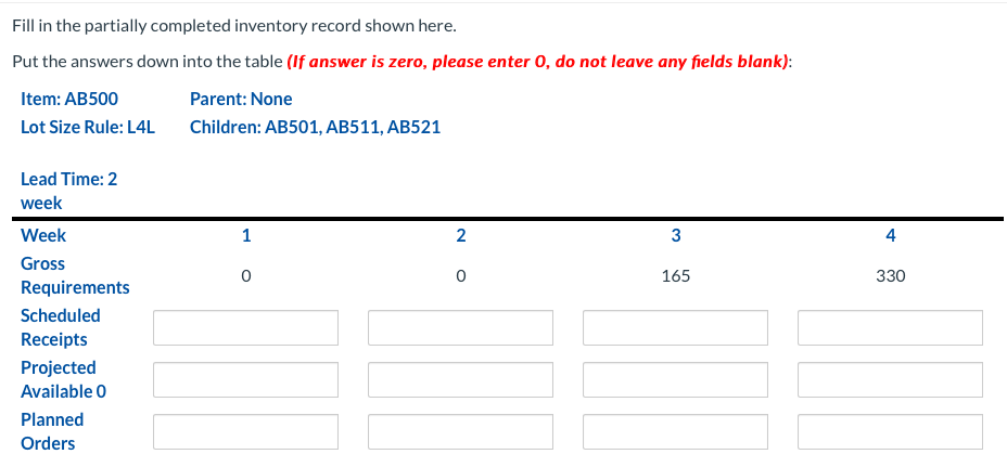Fill in the partially completed inventory record