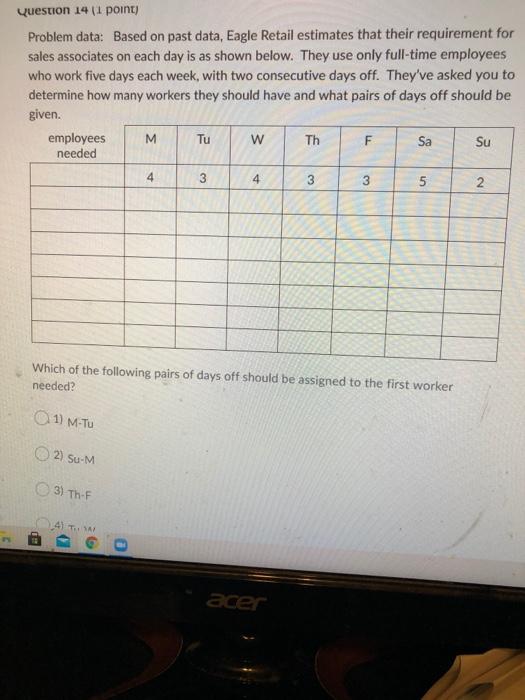 Question 14 11 point) Problem data: Based on past